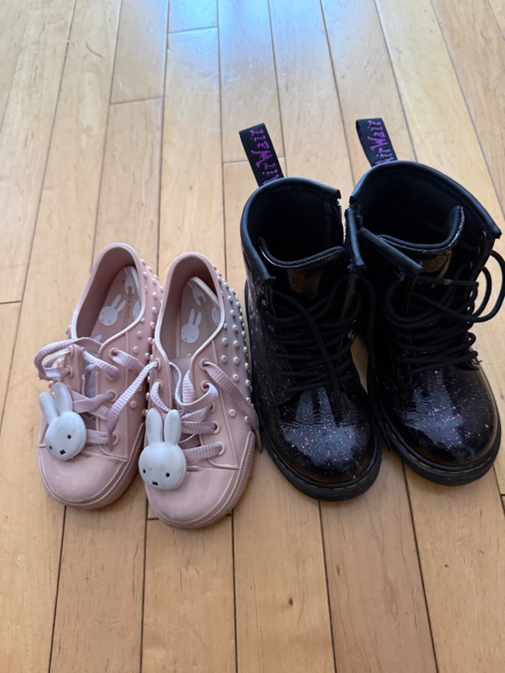 Girls Pink Bunny Sneakers & Dr Martin Black Glitter Lace-Up Boots